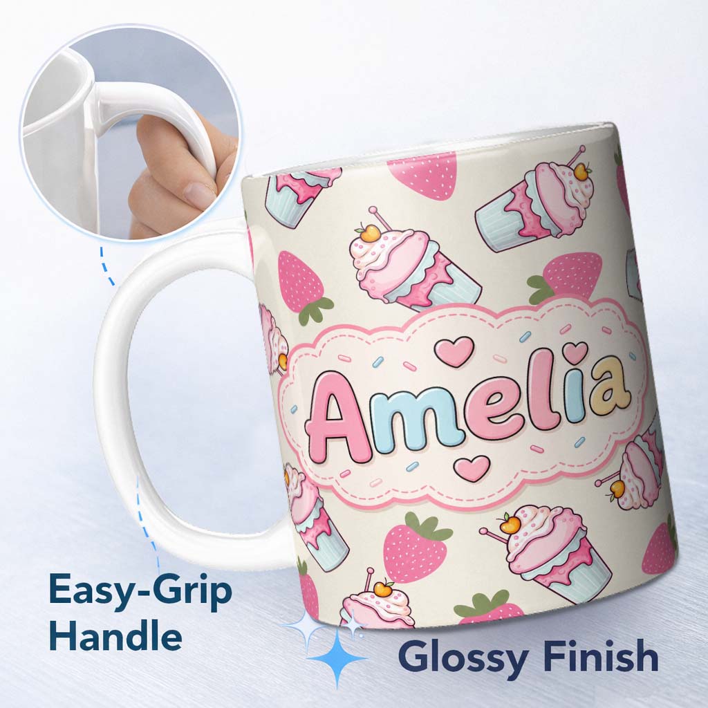 Personalized Custom Name Cute Strawberry Cupcakes and Sweet Treats on Cream Background 11oz Ceramic Coffee Tea Mug White Large Handle