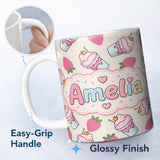 Personalized Custom Name Cute Strawberry Cupcakes and Sweet Treats on Cream Background 11oz Ceramic Coffee Tea Mug White Large Handle