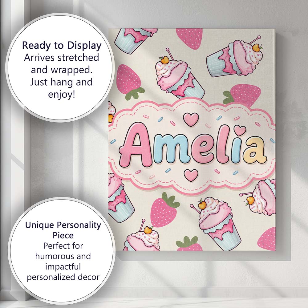 Personalised Name Cute Strawberry Cupcakes Custom  Unique Gift Idea Elegant Feature Canvas Wall Art Print Decor Picture Ready to Hang