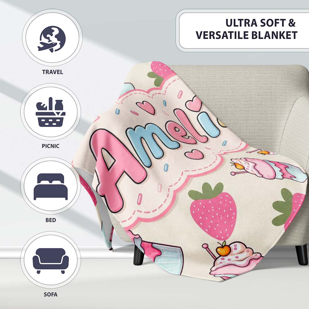 Cute Strawberry Cupcakes and Sweet Treats on Cream Background  Personalised Custom Name Super Soft Fleece Blanket Bed Sofa Throw