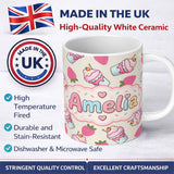 Personalized Custom Name Cute Strawberry Cupcakes and Sweet Treats on Cream Background 11oz Ceramic Coffee Tea Mug White Large Handle