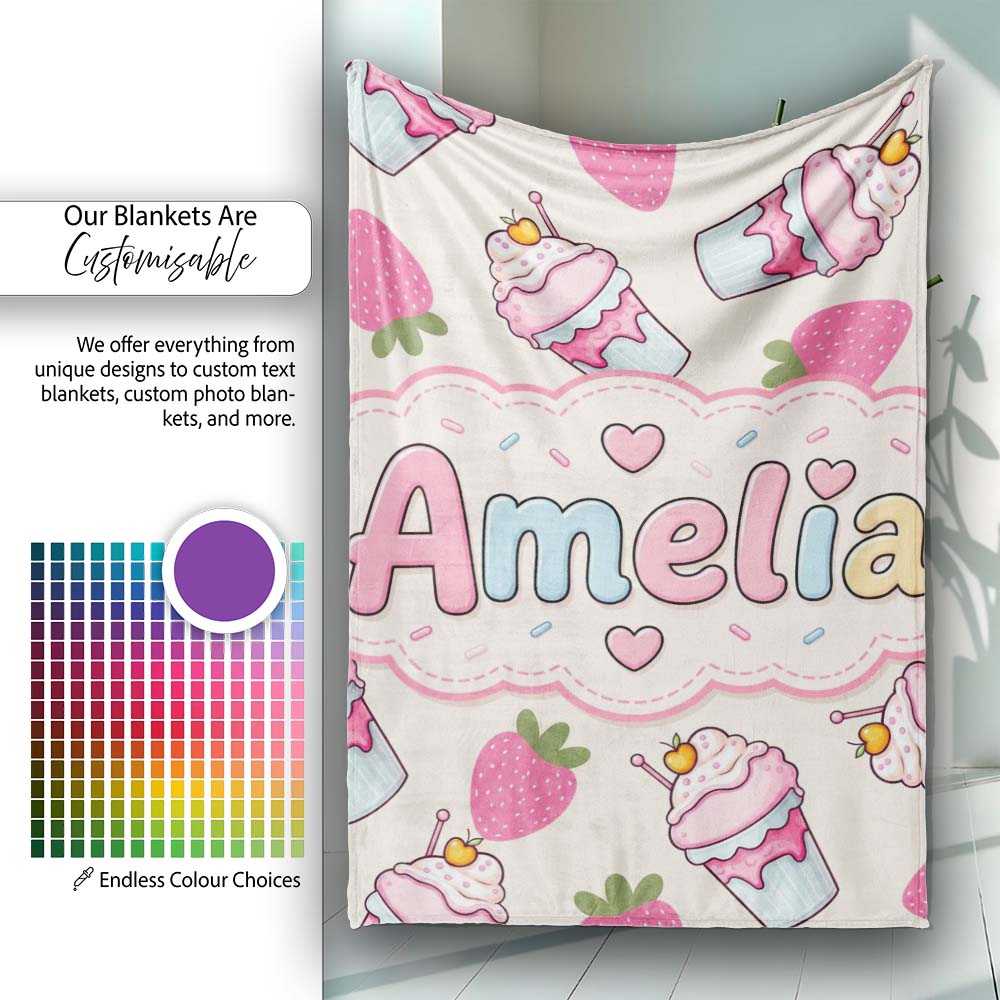 Cute Strawberry Cupcakes and Sweet Treats on Cream Background  Personalised Custom Name Super Soft Fleece Blanket Bed Sofa Throw