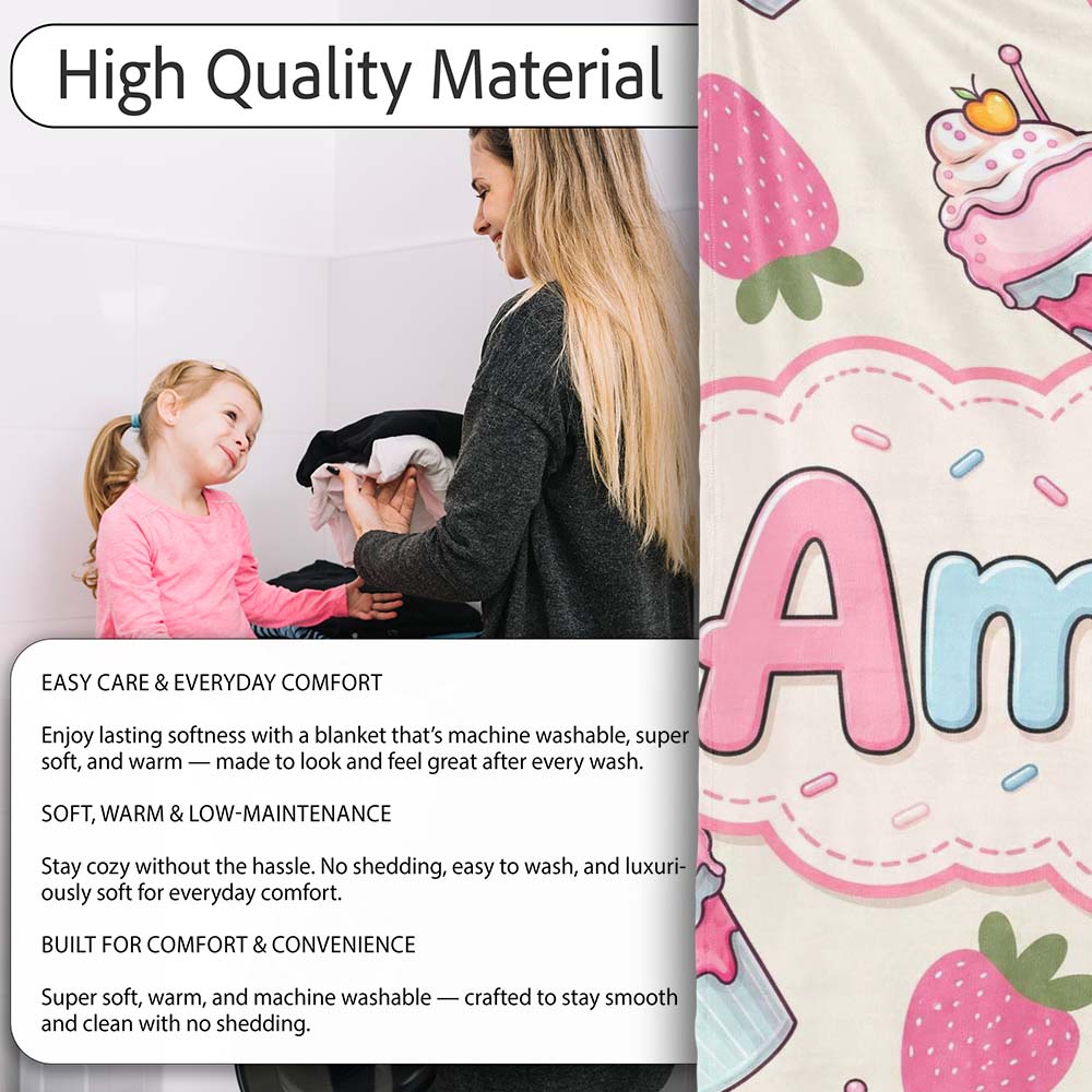 Cute Strawberry Cupcakes and Sweet Treats on Cream Background  Personalised Custom Name Super Soft Fleece Blanket Bed Sofa Throw