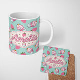 Personalized Custom Name Cute Strawberry Cupcakes and Sweet Treats on Mint Background 11oz Ceramic Coffee Tea Mug White Large Handle
