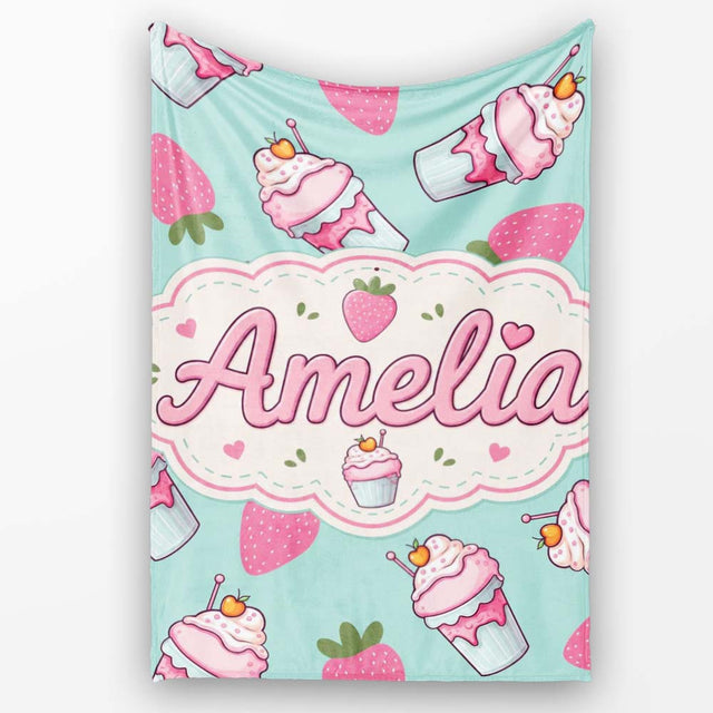 Cute Strawberry Cupcakes and Sweet Treats on Mint Background  Personalised Custom Name Super Soft Fleece Blanket Bed Sofa Throw