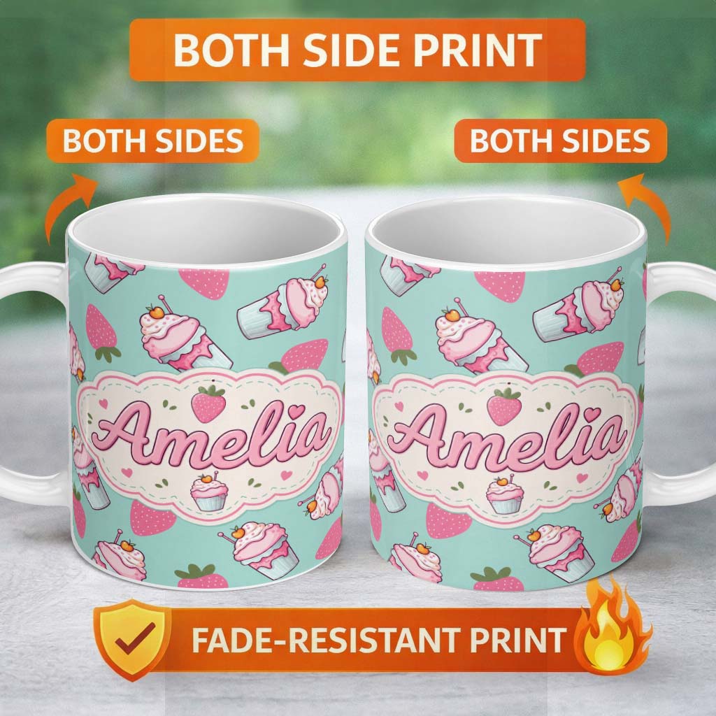 Personalized Custom Name Cute Strawberry Cupcakes and Sweet Treats on Mint Background 11oz Ceramic Coffee Tea Mug White Large Handle
