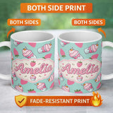 Personalized Custom Name Cute Strawberry Cupcakes and Sweet Treats on Mint Background 11oz Ceramic Coffee Tea Mug White Large Handle