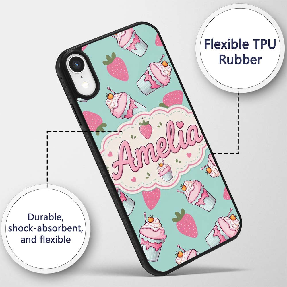 Cute Strawberry Cupcakes and Sweet Treats on Mint Custom Name Protective Phone Case Mobile Cover Durable Everyday Smartphone Shock Resistant