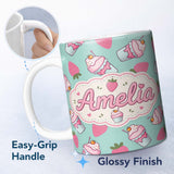 Personalized Custom Name Cute Strawberry Cupcakes and Sweet Treats on Mint Background 11oz Ceramic Coffee Tea Mug White Large Handle