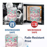Personalized Custom Name Cute Strawberry Cupcakes and Sweet Treats on Mint Background 11oz Ceramic Coffee Tea Mug White Large Handle
