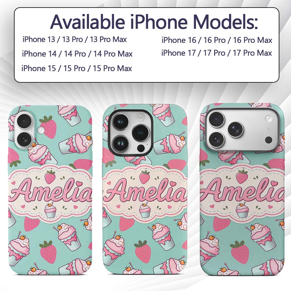 Cute Strawberry Cupcakes and Sweet Treats on Mint Custom Name Protective Phone Case Mobile Cover Durable Everyday Smartphone Shock Resistant
