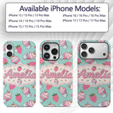 Cute Strawberry Cupcakes and Sweet Treats on Mint Custom Name Protective Phone Case Mobile Cover Durable Everyday Smartphone Shock Resistant