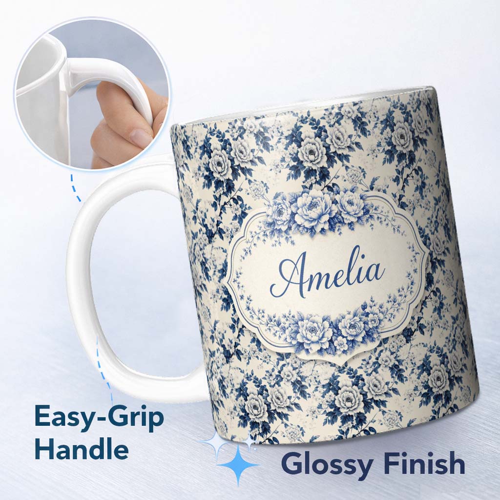Personalized Custom Name Classic Blue White Toile Floral Seamless Pattern Cute Unique Gift 11oz Ceramic Coffee Tea Mug White Large Handle