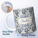Personalized Custom Name Classic Blue White Toile Floral Seamless Pattern Cute Unique Gift 11oz Ceramic Coffee Tea Mug White Large Handle