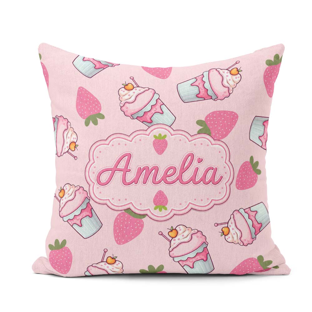 Custom Name Strawberry and Sweet Treats on Blush Pink Background Square Filled Cushion Throw Pillow Sofa Bed Home Decor Zip Washable UK Made