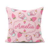Custom Name Strawberry and Sweet Treats on Blush Pink Background Square Filled Cushion Throw Pillow Sofa Bed Home Decor Zip Washable UK Made