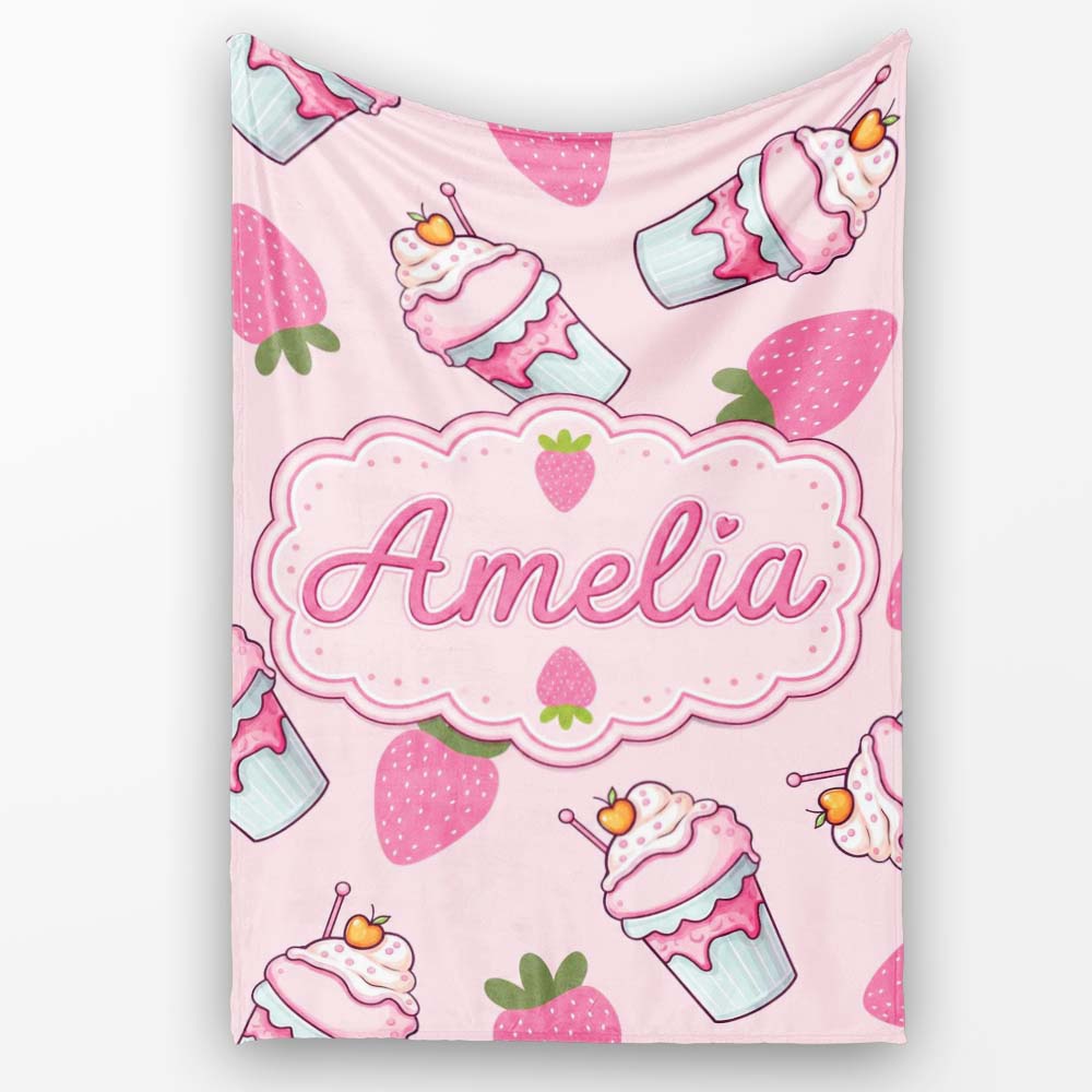 Strawberry Cupcakes and Sweet Treats on Blush Pink Background  Personalised Custom Name Super Soft Fleece Blanket Bed Sofa Throw