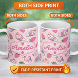 Personalized Custom Name Strawberry Cupcakes and Sweet Treats on Blush Pink Background 11oz Ceramic Coffee Tea Mug White Large Handle