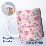 Personalized Custom Name Strawberry Cupcakes and Sweet Treats on Blush Pink Background 11oz Ceramic Coffee Tea Mug White Large Handle