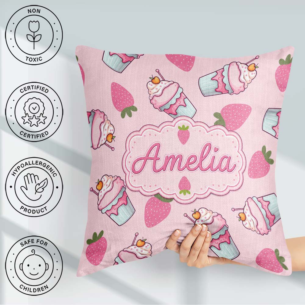 Custom Name Strawberry and Sweet Treats on Blush Pink Background Square Filled Cushion Throw Pillow Sofa Bed Home Decor Zip Washable UK Made