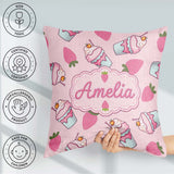 Custom Name Strawberry and Sweet Treats on Blush Pink Background Square Filled Cushion Throw Pillow Sofa Bed Home Decor Zip Washable UK Made