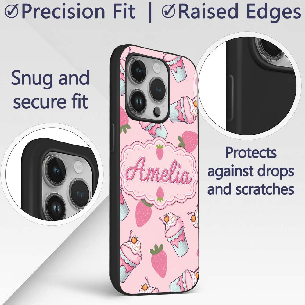 Strawberry Cupcakes and Sweet Treats on Blush Custom Name Protective Phone Case Mobile Cover Durable Everyday Smartphone Shock Resistant