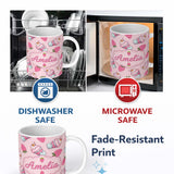 Personalized Custom Name Strawberry Cupcakes and Sweet Treats on Blush Pink Background 11oz Ceramic Coffee Tea Mug White Large Handle