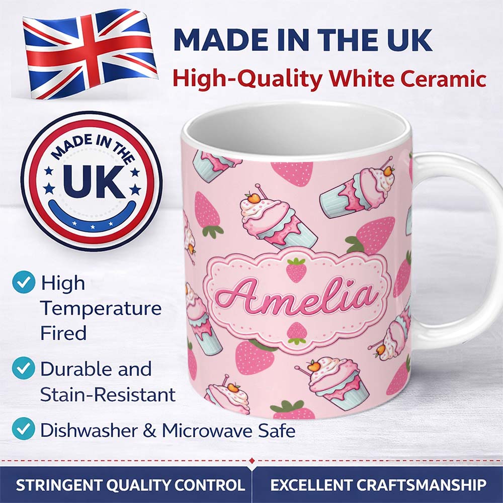 Personalized Custom Name Strawberry Cupcakes and Sweet Treats on Blush Pink Background 11oz Ceramic Coffee Tea Mug White Large Handle