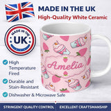 Personalized Custom Name Strawberry Cupcakes and Sweet Treats on Blush Pink Background 11oz Ceramic Coffee Tea Mug White Large Handle