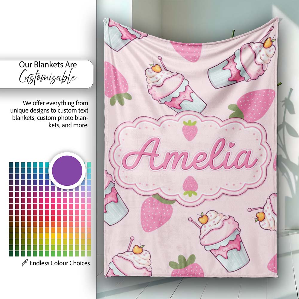 Strawberry Cupcakes and Sweet Treats on Blush Pink Background  Personalised Custom Name Super Soft Fleece Blanket Bed Sofa Throw