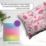 Custom Name Strawberry and Sweet Treats on Blush Pink Background Square Filled Cushion Throw Pillow Sofa Bed Home Decor Zip Washable UK Made
