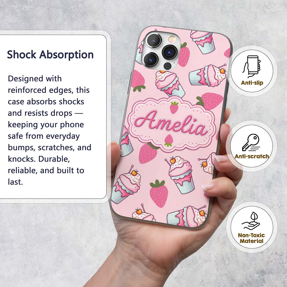 Strawberry Cupcakes and Sweet Treats on Blush Custom Name Protective Phone Case Mobile Cover Durable Everyday Smartphone Shock Resistant