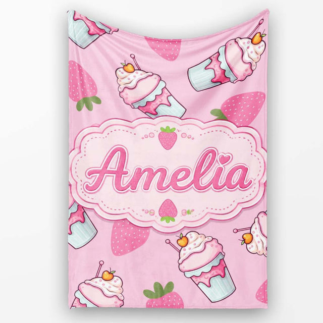 Strawberry Cupcakes and Sweet Treats on Soft Pink Background  Personalised Custom Name Super Soft Fleece Blanket Bed Sofa Throw