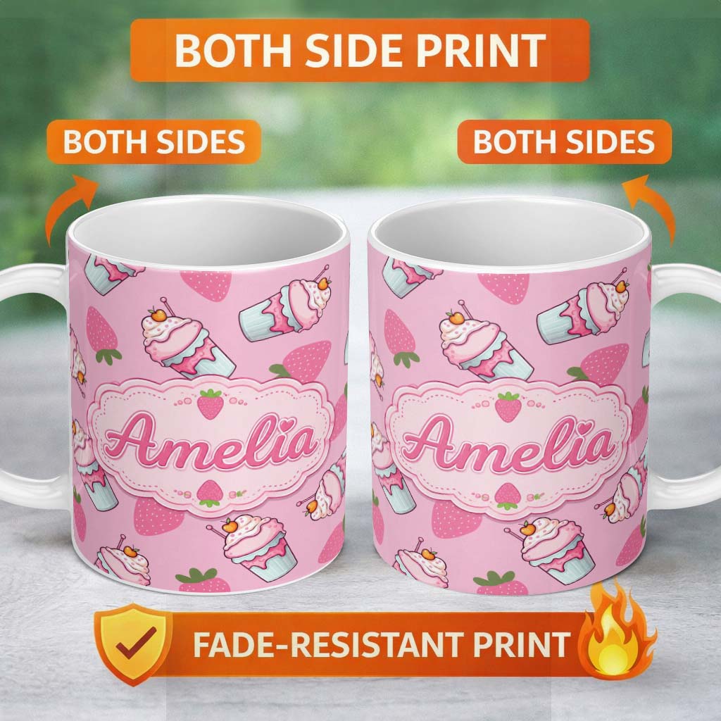 Personalized Custom Name Strawberry Cupcakes and Sweet Treats on Soft Pink Background 11oz Ceramic Coffee Tea Mug White Large Handle