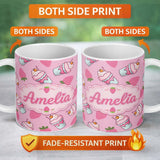 Personalized Custom Name Strawberry Cupcakes and Sweet Treats on Soft Pink Background 11oz Ceramic Coffee Tea Mug White Large Handle