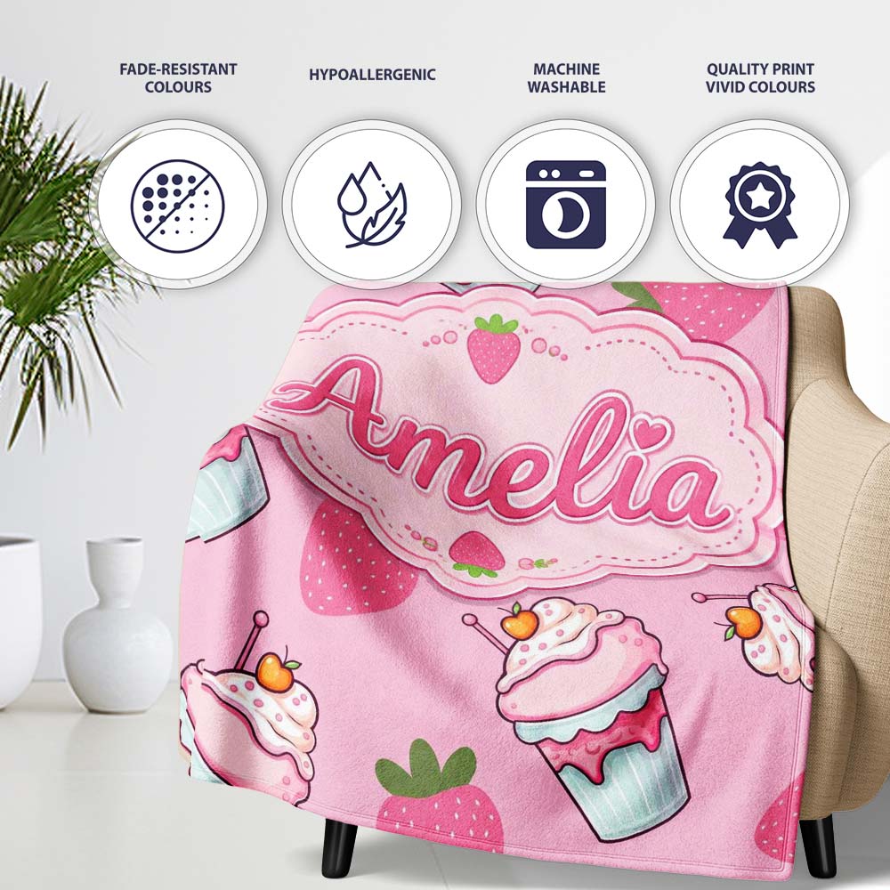 Strawberry Cupcakes and Sweet Treats on Soft Pink Background  Personalised Custom Name Super Soft Fleece Blanket Bed Sofa Throw