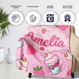 Strawberry Cupcakes and Sweet Treats on Soft Pink Background  Personalised Custom Name Super Soft Fleece Blanket Bed Sofa Throw