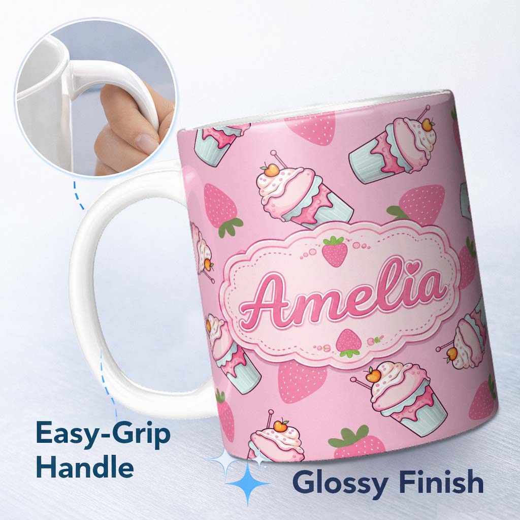 Personalized Custom Name Strawberry Cupcakes and Sweet Treats on Soft Pink Background 11oz Ceramic Coffee Tea Mug White Large Handle