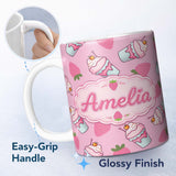 Personalized Custom Name Strawberry Cupcakes and Sweet Treats on Soft Pink Background 11oz Ceramic Coffee Tea Mug White Large Handle