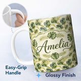 Personalized Custom Name Layered Tropical Monstera and Palm Leaves Natural Green Seamless 11oz Ceramic Coffee Tea Mug White Large Handle