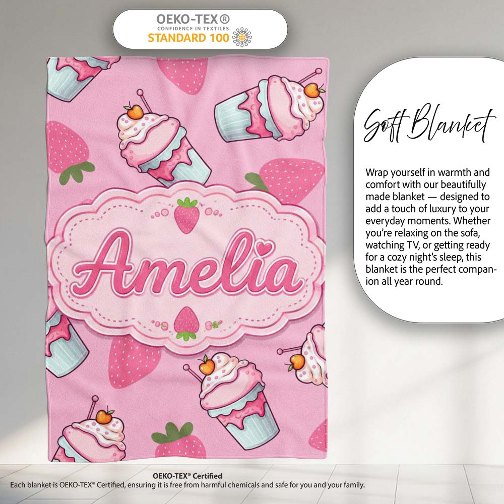 Strawberry Cupcakes and Sweet Treats on Soft Pink Background  Personalised Custom Name Super Soft Fleece Blanket Bed Sofa Throw