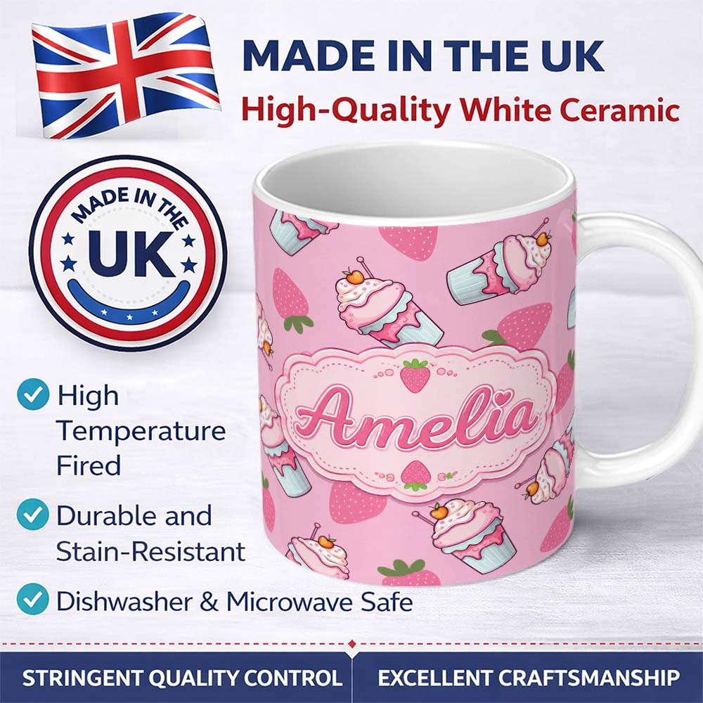 Personalized Custom Name Strawberry Cupcakes and Sweet Treats on Soft Pink Background 11oz Ceramic Coffee Tea Mug White Large Handle