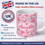 Personalized Custom Name Strawberry Cupcakes and Sweet Treats on Soft Pink Background 11oz Ceramic Coffee Tea Mug White Large Handle