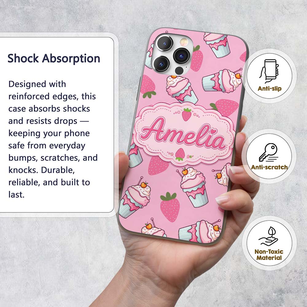 Strawberry Cupcakes and Sweet Treats on Soft Pink Custom Name Protective Phone Case Mobile Cover Durable Everyday Smartphone Shock Resistant