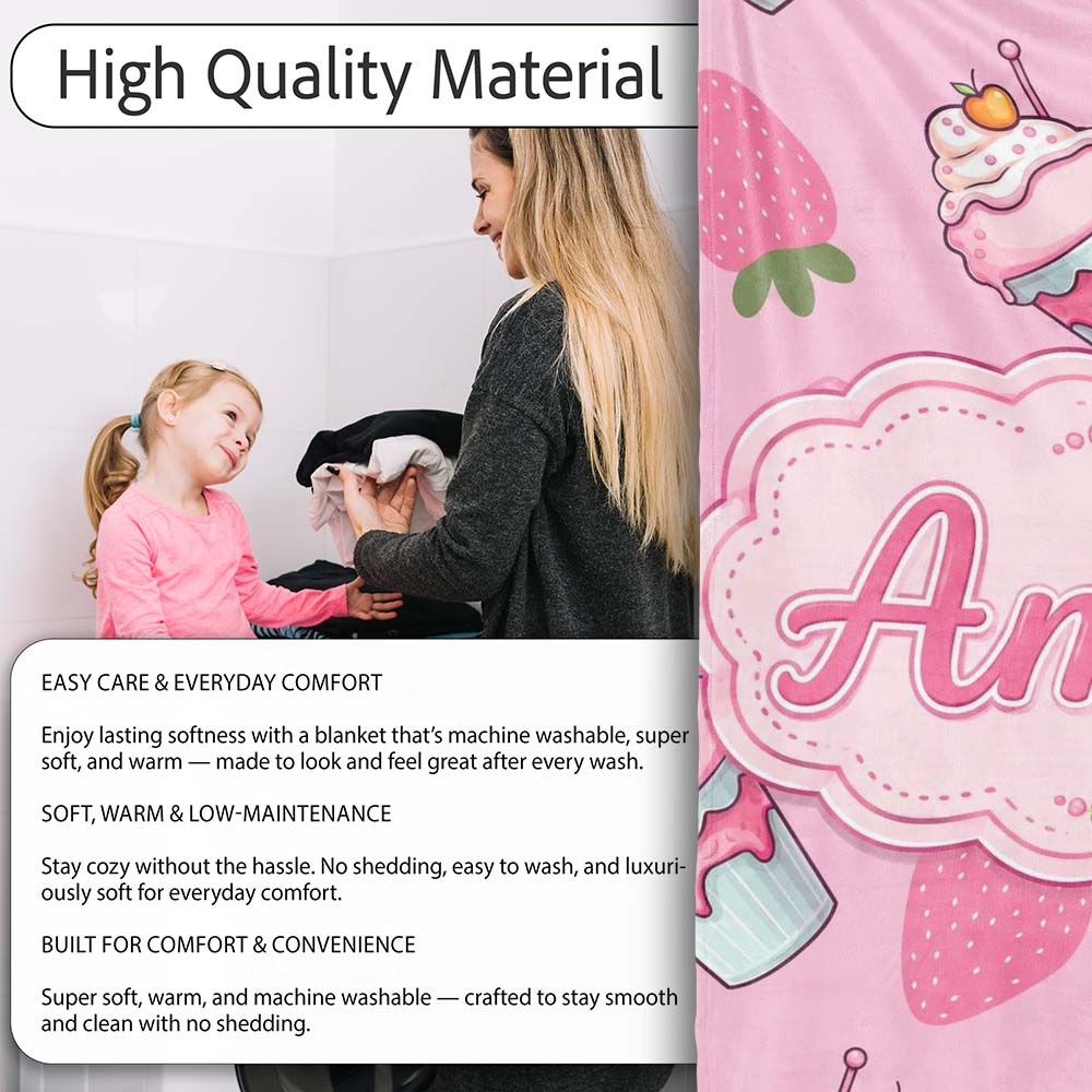 Strawberry Cupcakes and Sweet Treats on Soft Pink Background  Personalised Custom Name Super Soft Fleece Blanket Bed Sofa Throw