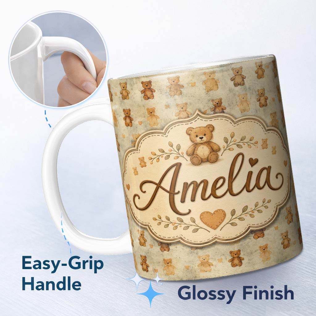 Personalized Custom Name Vintage Distressed Teddy Bear Repeating Pattern Seamless Lovely 11oz Ceramic Coffee Tea Mug White Large Handle