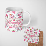 Personalized Custom Name Strawberry Cupcakes and Sweet Treats on Grey Background Seamless 11oz Ceramic Coffee Tea Mug White Large Handle