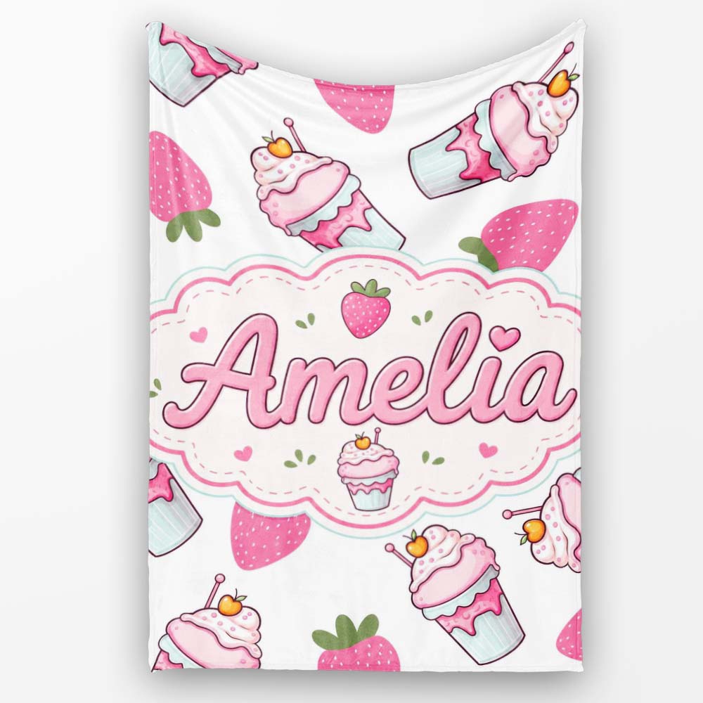 Strawberry Cupcakes and Sweet Treats on Grey Background Seamless  Personalised Custom Name Super Soft Fleece Blanket Bed Sofa Throw