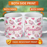 Personalized Custom Name Strawberry Cupcakes and Sweet Treats on Grey Background Seamless 11oz Ceramic Coffee Tea Mug White Large Handle