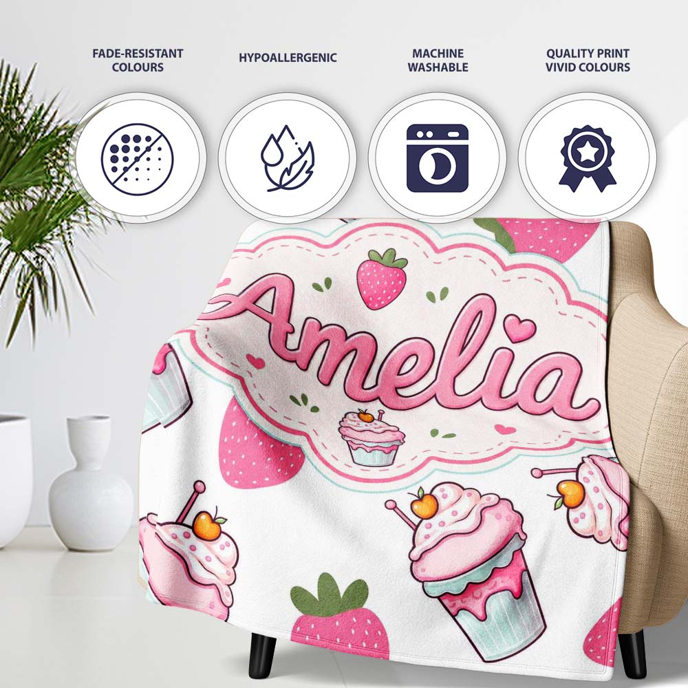 Strawberry Cupcakes and Sweet Treats on Grey Background Seamless  Personalised Custom Name Super Soft Fleece Blanket Bed Sofa Throw